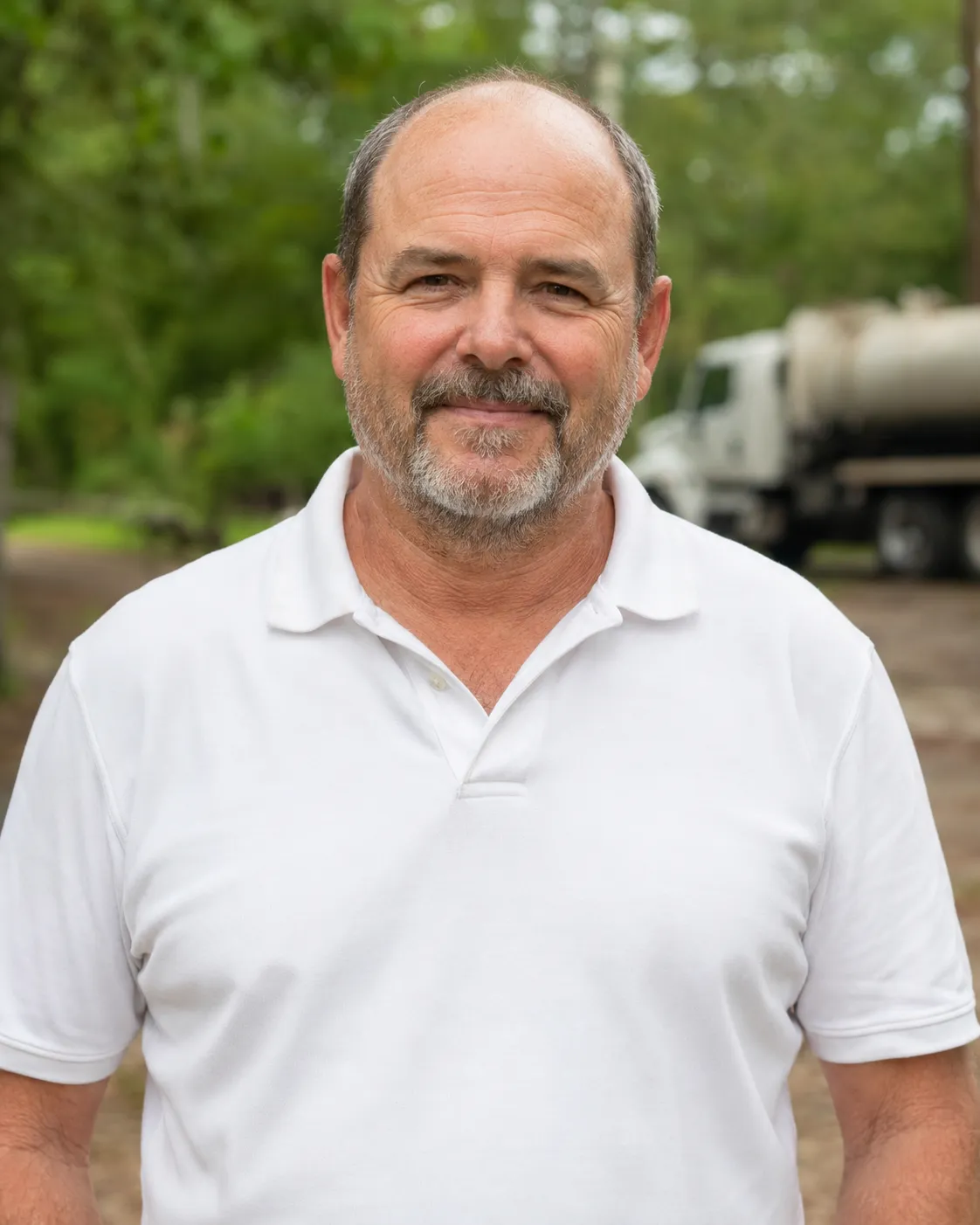 Dale Mercer, owner of Live Oak Septic Co., by his truck.