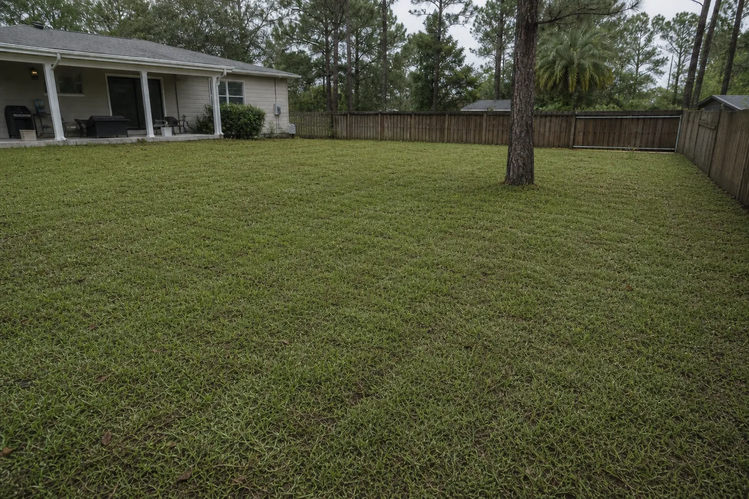 The same backyard repaired, trenches closed, new level soil with fresh green sod and no standing water