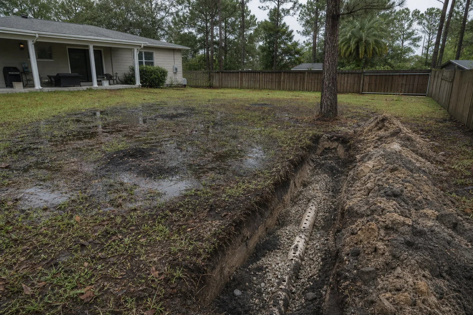A backyard with a soggy dark patch of dying grass and standing water over a failed drain field, one open trench exposing old clogged gravel