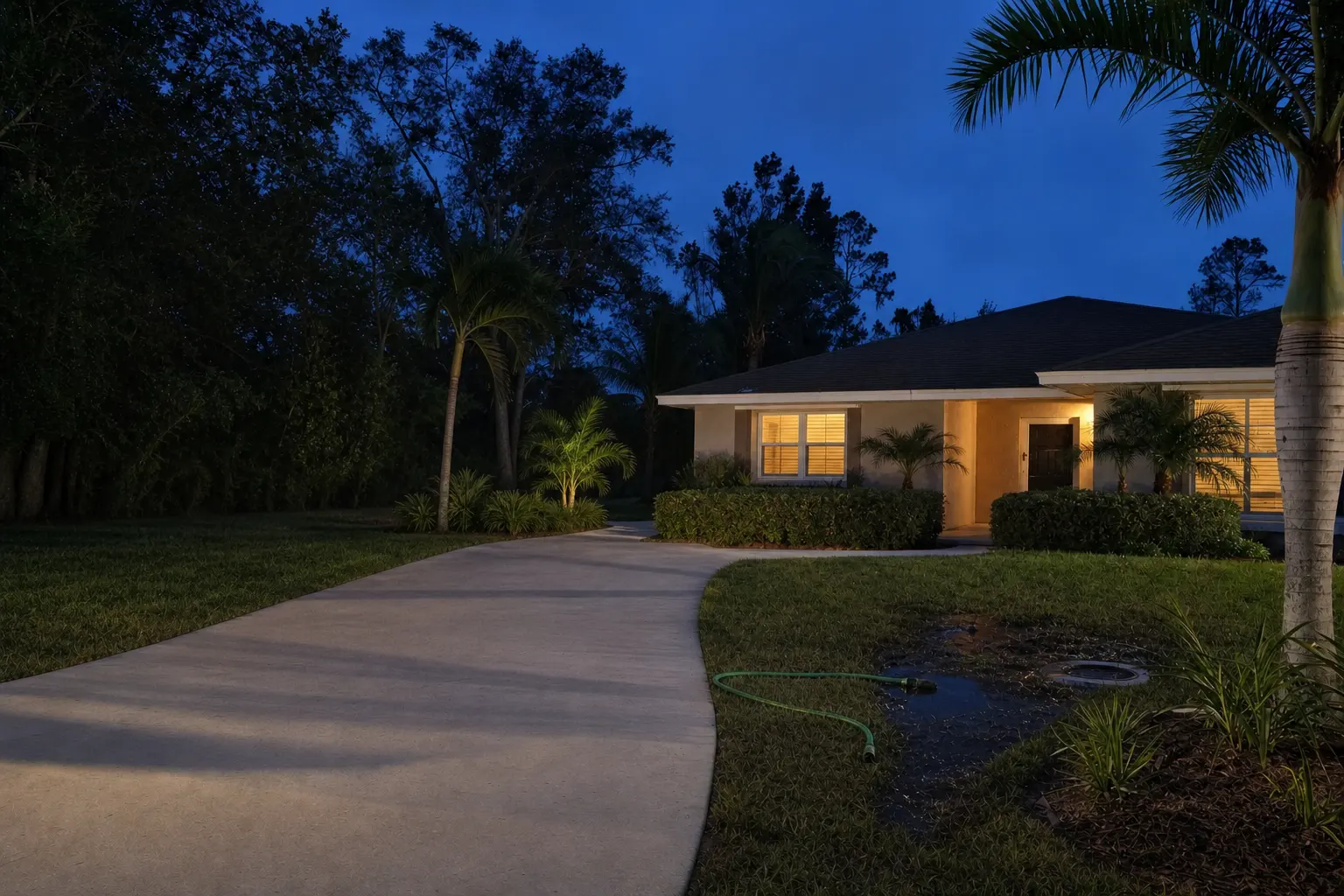 The same house at dusk with an empty driveway, every window lit, and a dark pool of water spreading over the lawn near an overflowing ground cleanout, a garden hose left on the grass