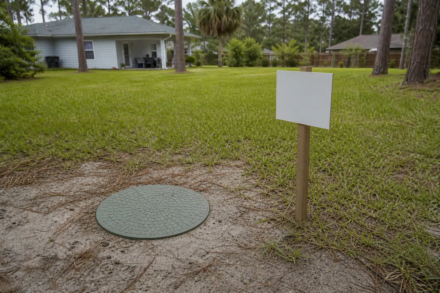 The same backyard with the septic access lid closed flush in the grass and a blank real-estate yard sign on a wooden post, the house up for sale