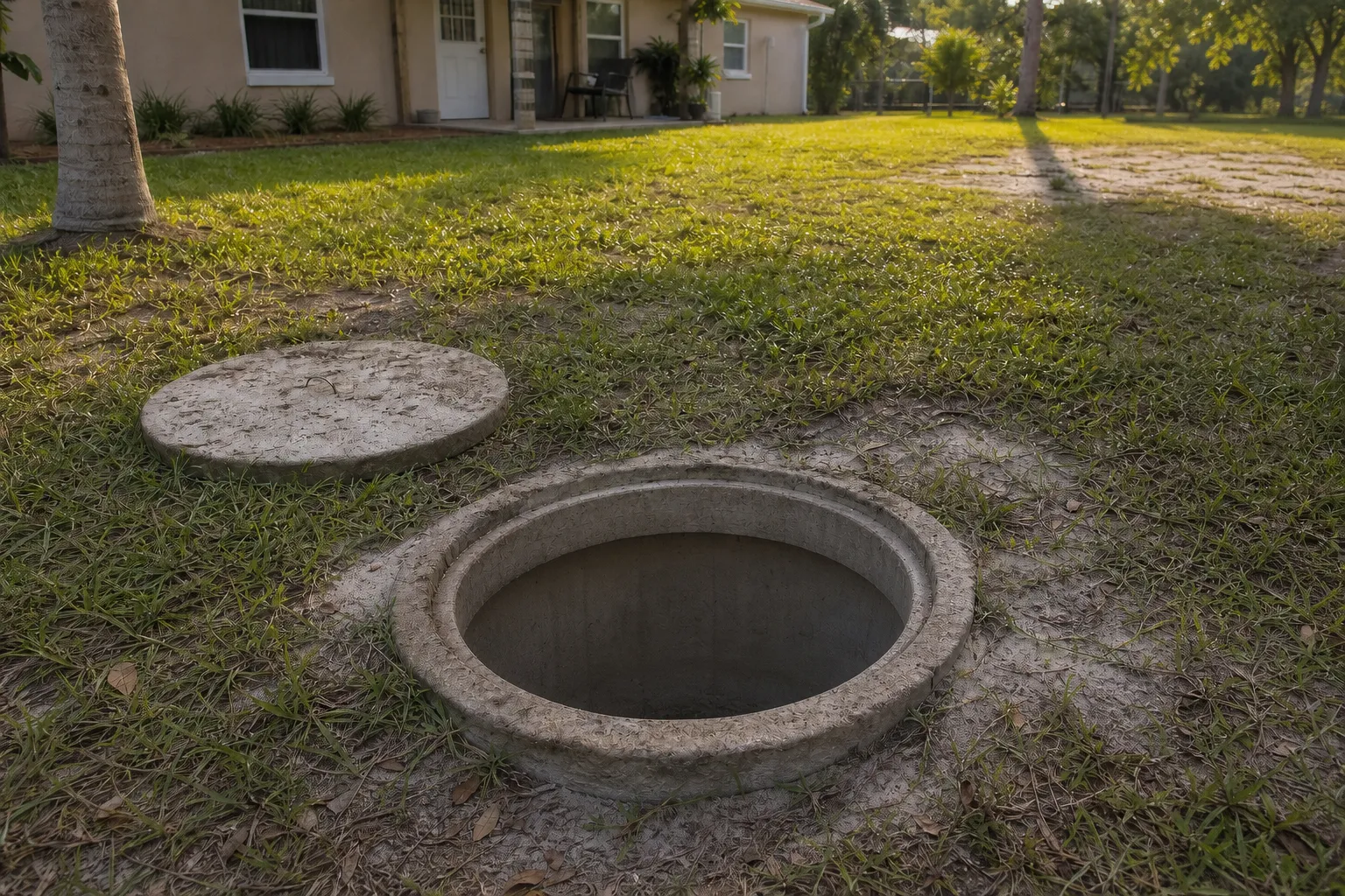 The same tank pumped empty, clean concrete interior walls visible, hose coiled away