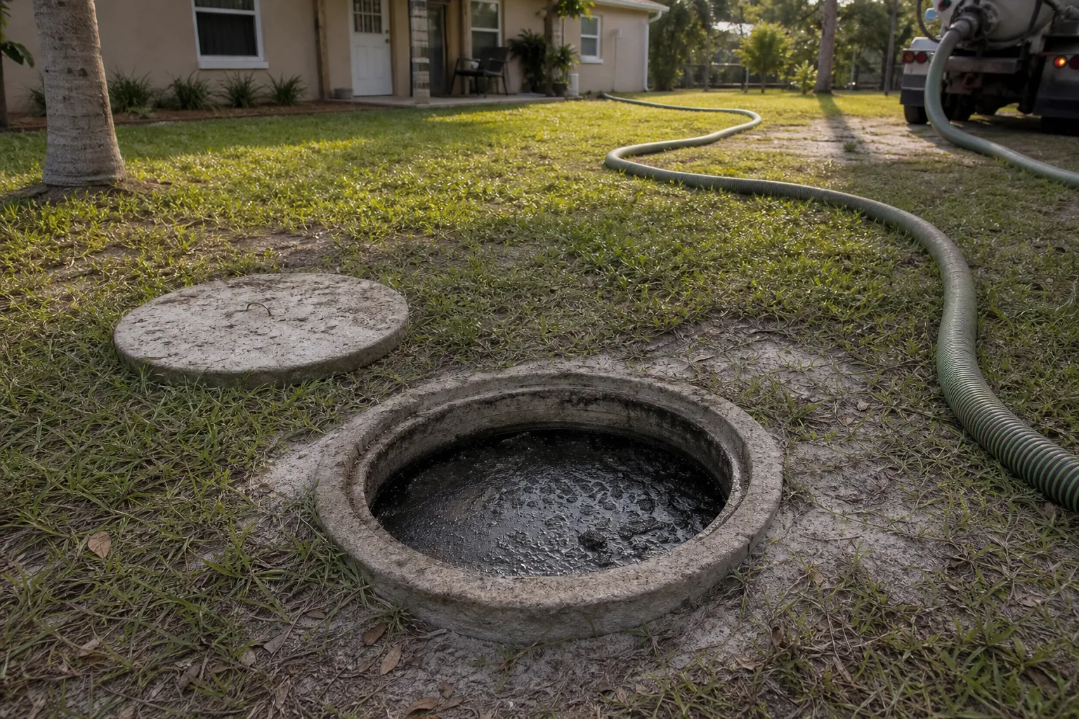 An opened residential septic tank access in a sandy backyard, dark scum layer visible, vacuum hose ready in the grass