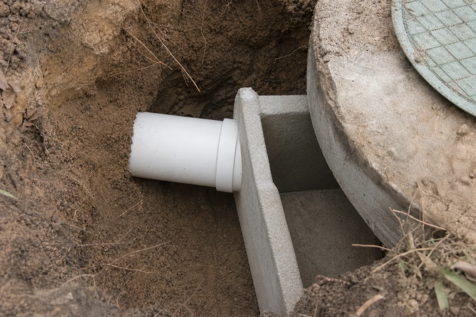 The same excavation with a new white PVC inlet pipe and repaired baffle fitted, clean dry soil