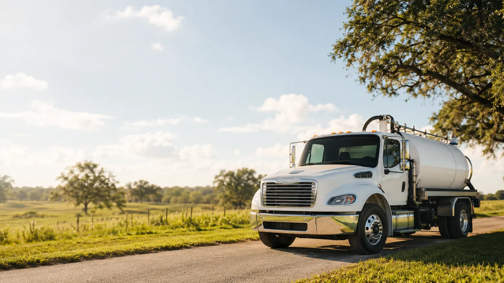 A clean septic service truck on a sunny rural Florida road, ready to head out.