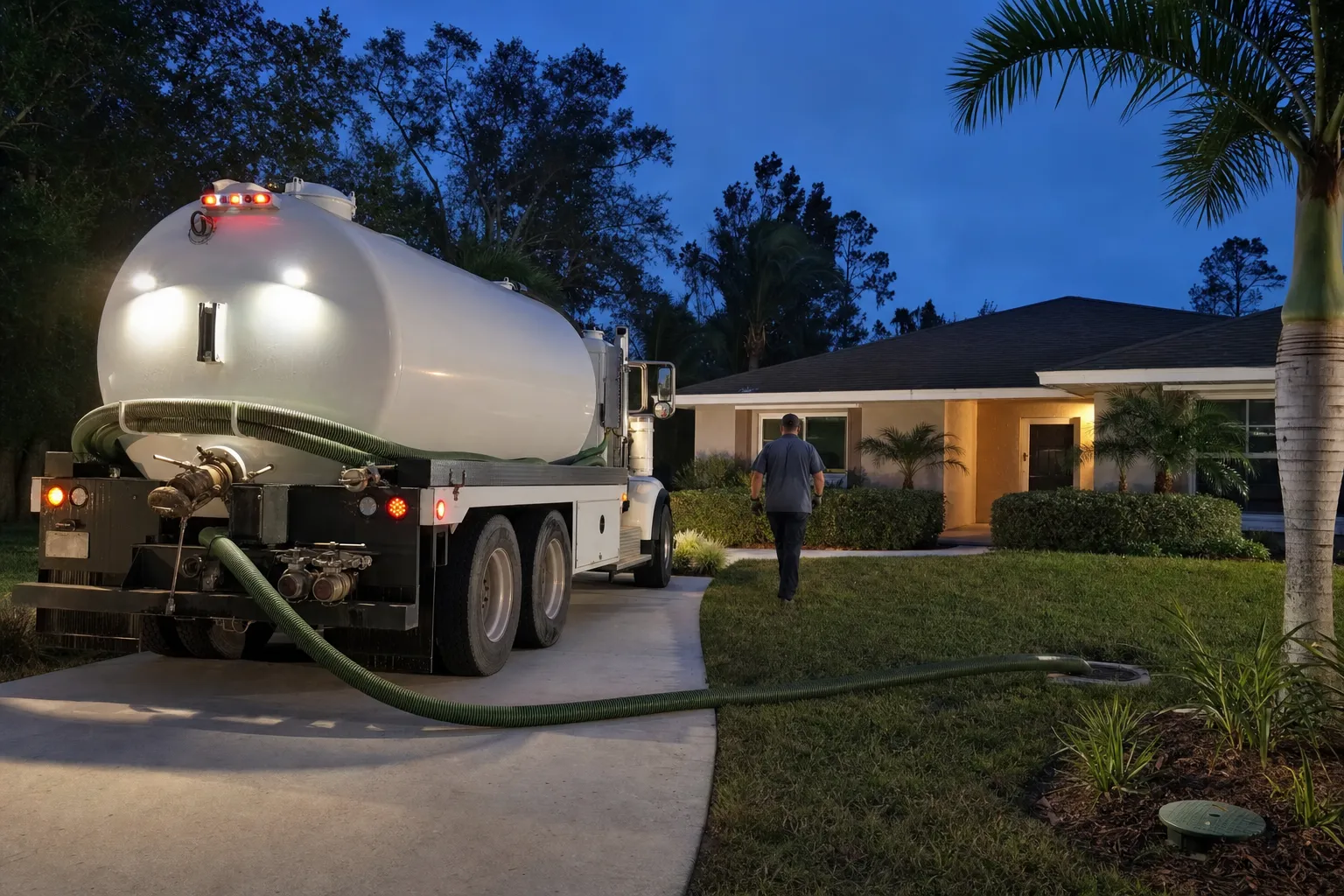 A septic pump truck with work lights on in the same driveway at dusk, hose deployed, technician heading to the house