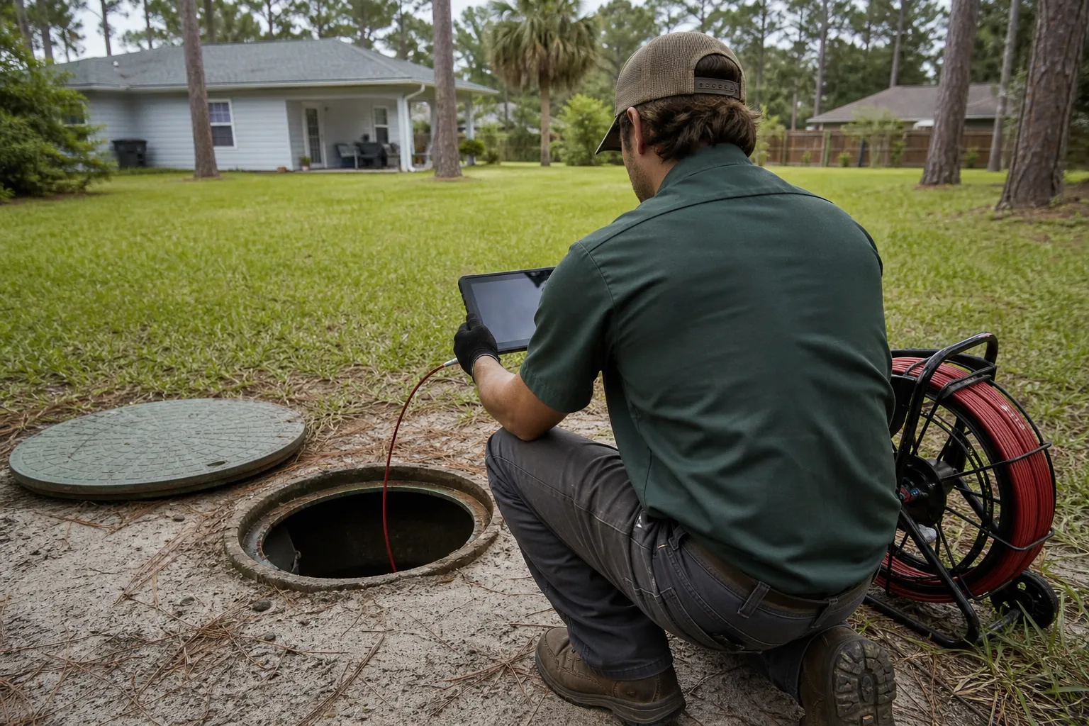 A technician kneeling at the open septic access with a tablet and a sewer camera reel line running into the tank